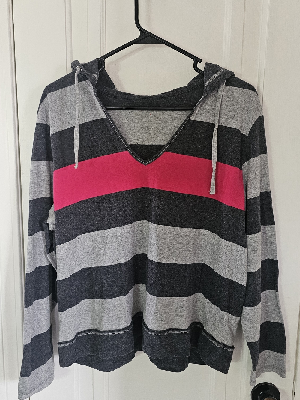 Style & Co. Hooded Striped V-Neck Pullover - Gray, Black & Pink